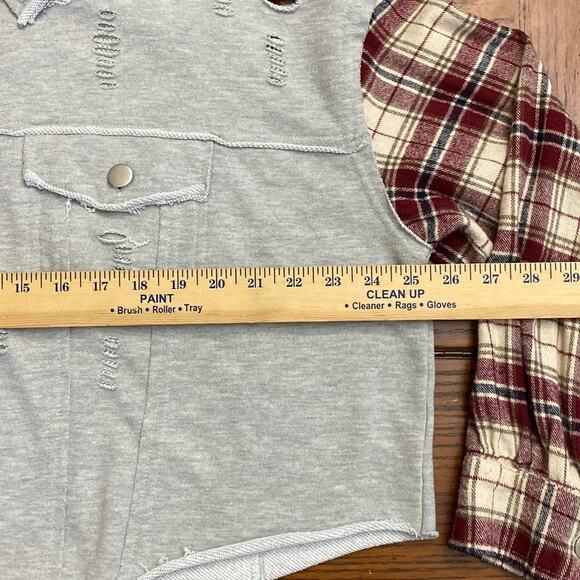 Dance & Marvel Grunge Distressed Ripped Detachable Hoodie Plaid Denim M Gorpcore - Picture 4 of 14